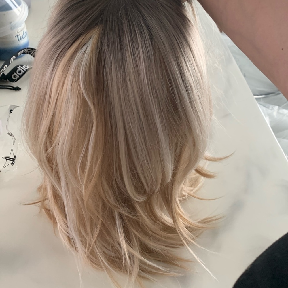 Wig Shoulder Length Side Bangs Synthetic Blonde Natural Roots